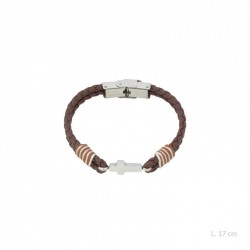 pulsera de cuero marron con cruz de acero