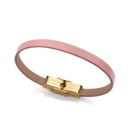 Pulsera de acero Ip dorado con piel rosa