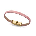 Pulsera de acero Ip dorado con piel rosa