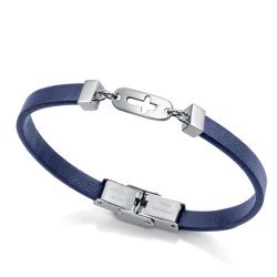 Pulsera de niño de acero y piel azul con placa con