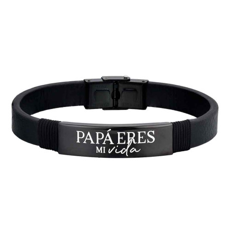 PULSERA DE ACERO CUERO NEGRA PAPÁ ERES MI VIDA