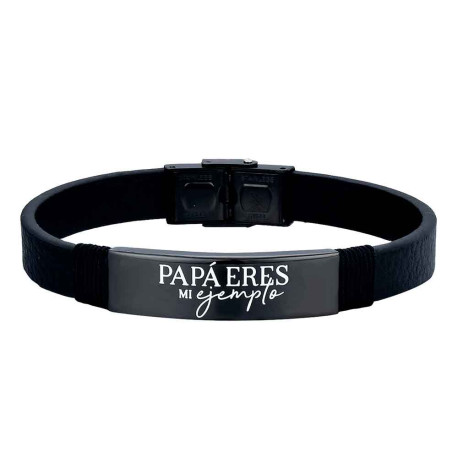 PULSERA DE ACERO CUERO NEGRO PAPÁ ERES MI EJEMPLO