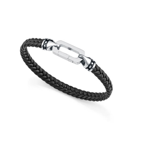 Pulsera de hombre de acero y piel negra trenzada c