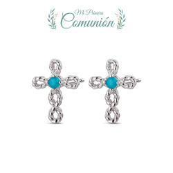 Pendiente de plata rodiado cruz rizada con turques
