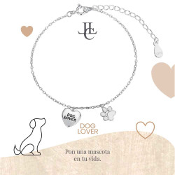 Pulsera de plata rodiada corazón y huella perro es