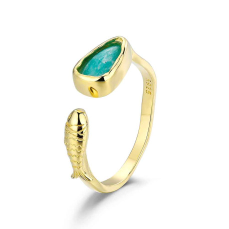Anillo de plata chapado abierto amazonita con pez
