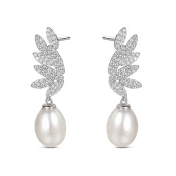 Pendiente de plata rodiado hojas 33 mm con perla 