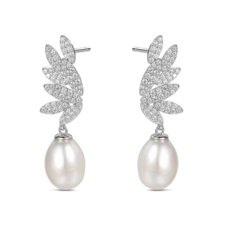 Pendiente de plata rodiado hojas 33 mm con perla 