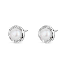 Pendiente de plata rodiado con circonitas y perla 