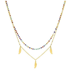 collar de acero doble piedras de colores y plumita