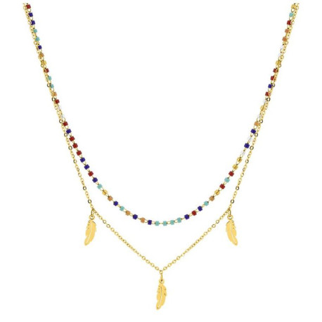 collar de acero doble piedras de colores y plumita
